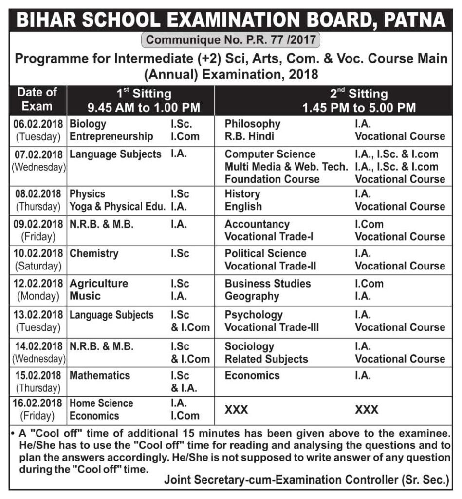 2019 scholarship bseb Table 2018: biharboard.ac.in Board 12th Bihar Time Bihar