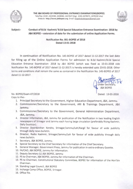 J&K B.Ed Entrance Examination 2018 Notice