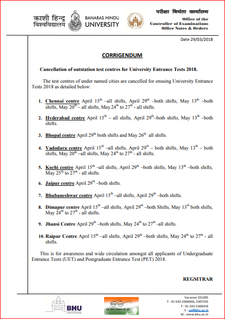 Kashi Hindu Viswavidyalaya BHU Cancelled Test Centers