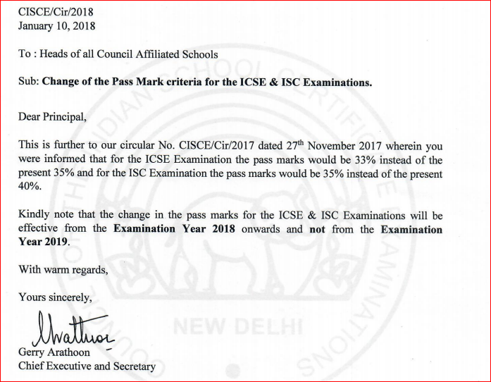 Cisce Board Notification regarding Change of Pass Marks 2018