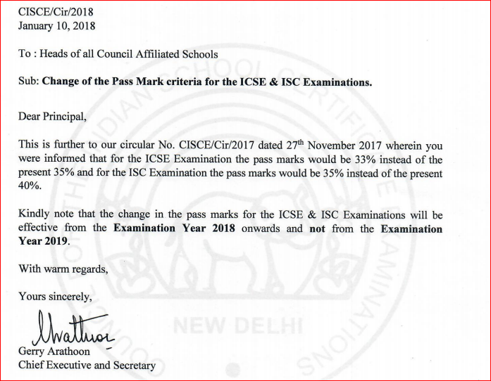 CISCE Board Notification regarding Change of Pass Marks 2018