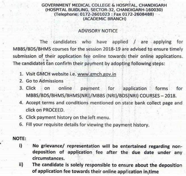 GMCH Chandigarh MBBS Admission Notification