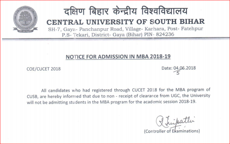 Admission Notice for MBA in CUSB
