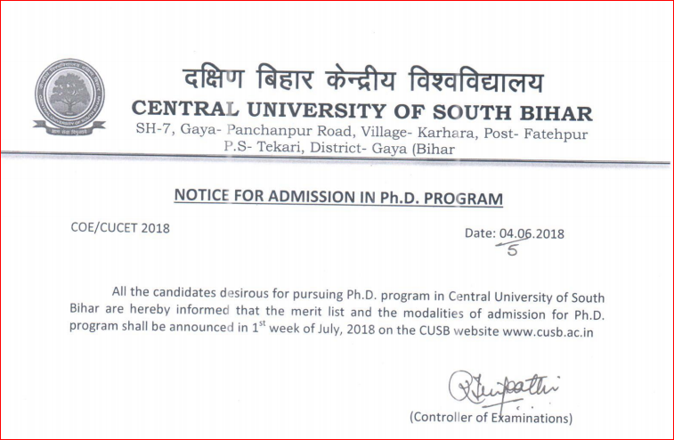 Admission Notification for Ph.D Program