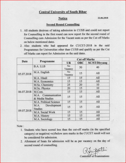 CUSB Second Round Counselling