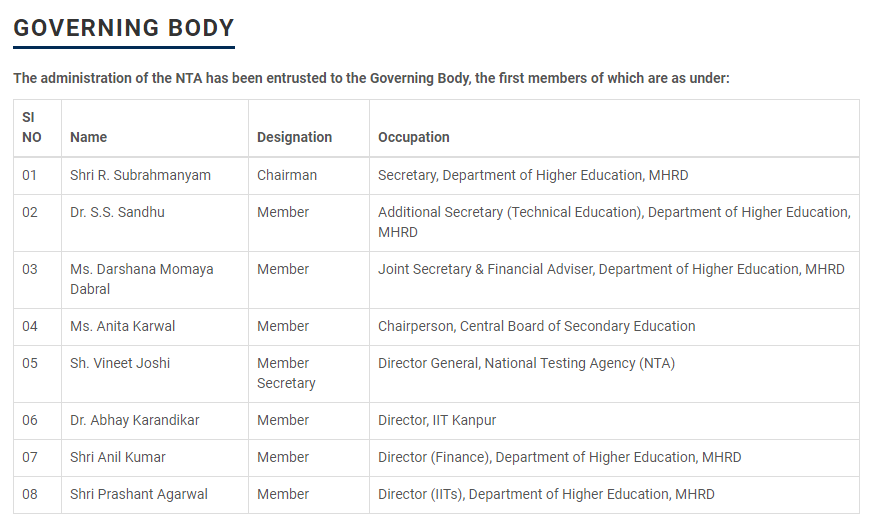 NTA Governing Body