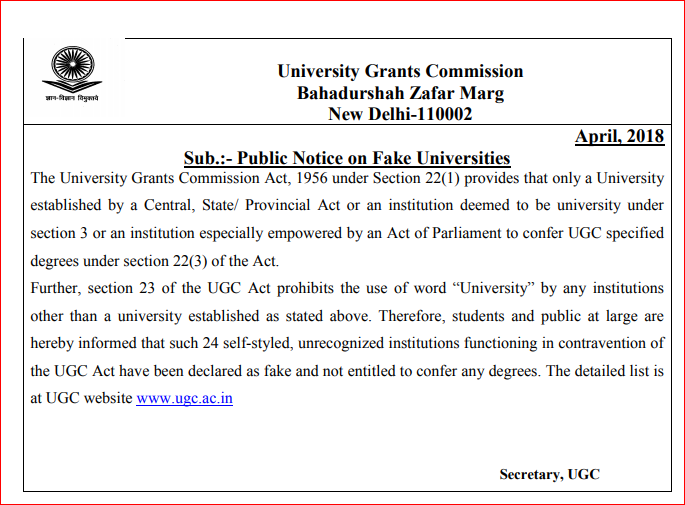 UGC Fake University Notification