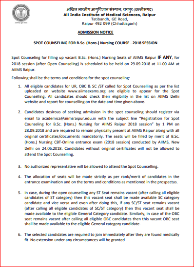 AIIMS Raipur Nursing Admission Spot Counselling Notification