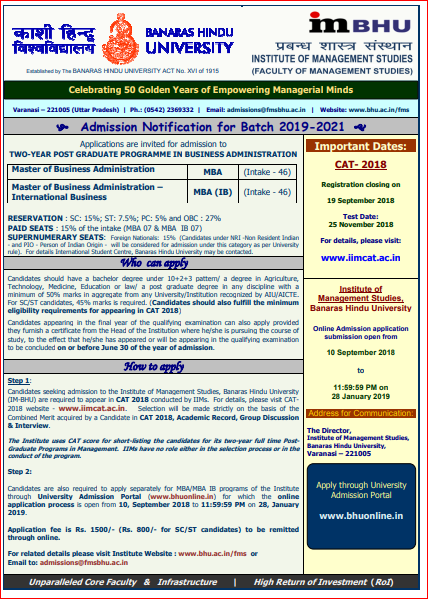 BHU MBA Admission Notification 2019-21