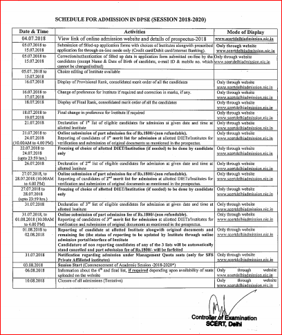 DPSE Admission Schedule 2018-20