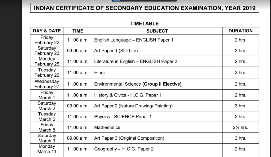 ICSE 10 time table 2019