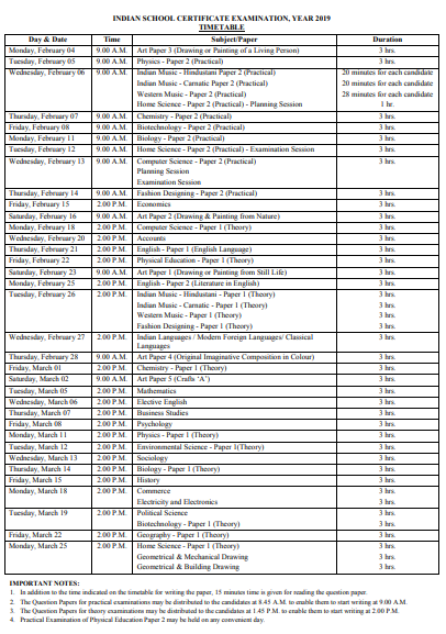 class routine exam 11 Schedule 2019: Board Exam CISCE Date ISC 12th Sheet