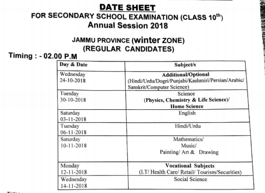 JKBOSE class 10th datesheet