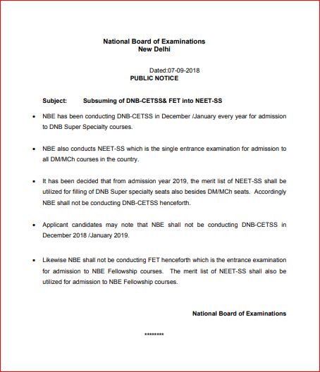 Merging of DNB CET SS & FET into NEET SS