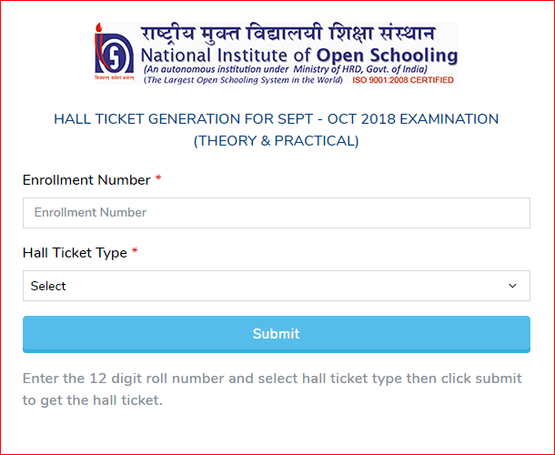 NIOS Admit Card Web Page