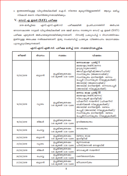 Kerala SSLC official Malayalam Notification