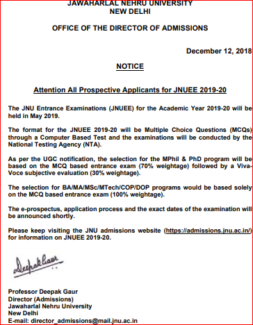 Jawaharlal Nehru University Admission 2020 Jnuet 2020