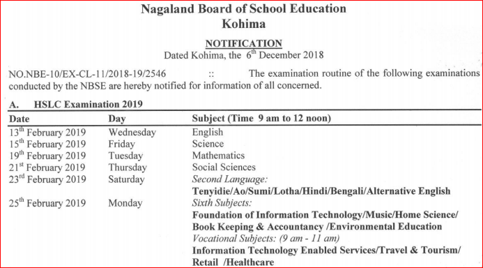 Nagaland HSLC Time Table 2019