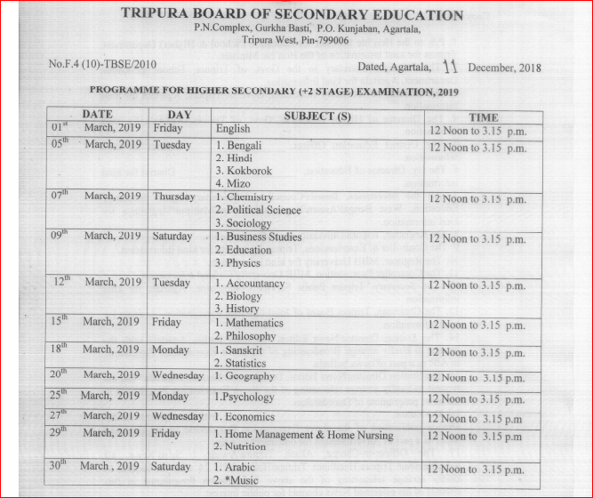 TBSE 12th datesheet 2019