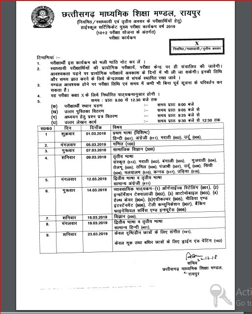 cgbse 10th time table 2019
