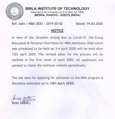 BIT Mesra MBA Admission Postponed