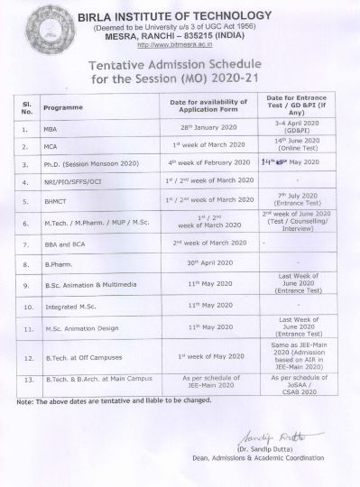 BIT Mesra Tentative Admission Schedule 2020-21