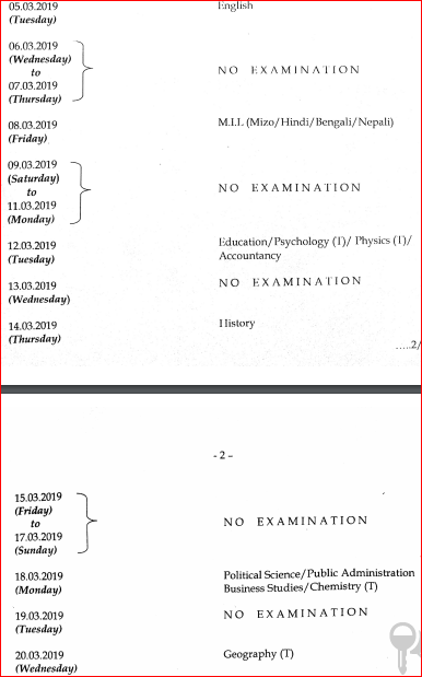 Mizoram HSSLC Time Table 2019