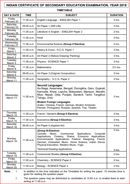 ICSE Date Sheet 2019 Class 10
