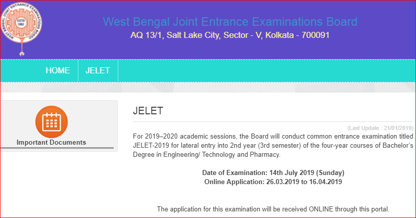 WBJEE JELET 2019 Important Dates