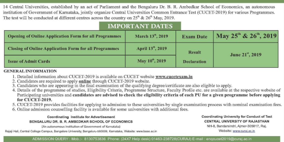Important Dates of CUCET 2019
