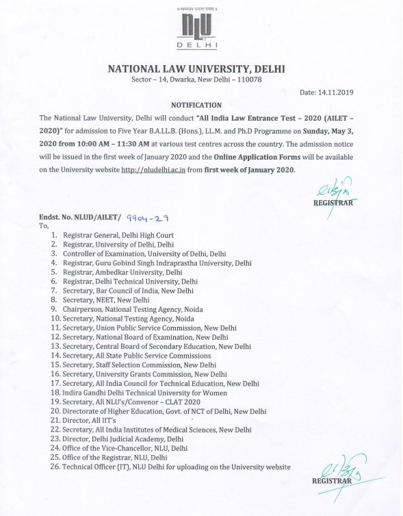 AILET 2020 Notification
