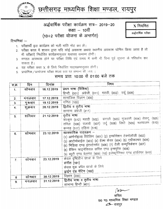 CGBSE Half Yearly Date sheet Class 10th