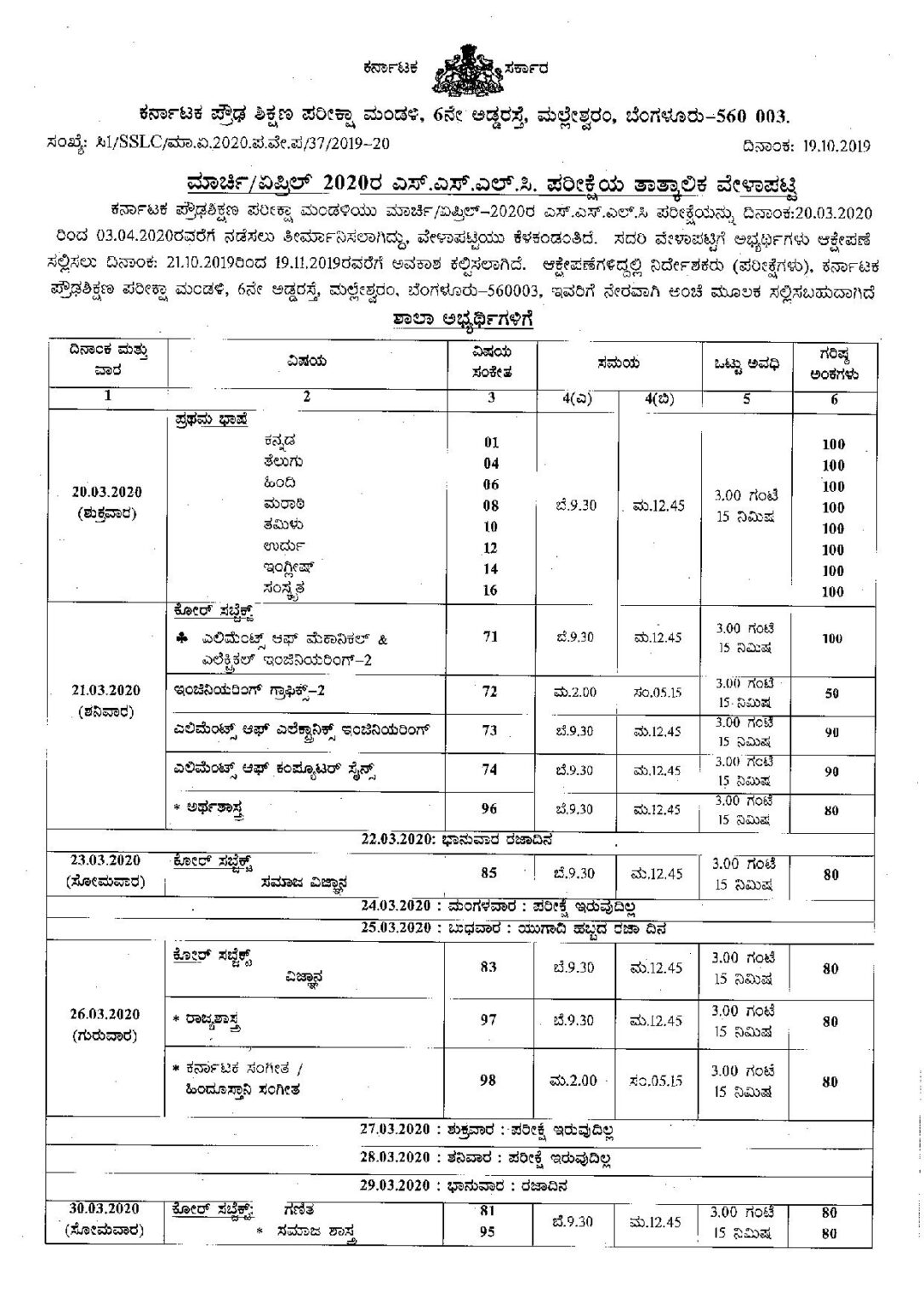 Karnataka Board SSLC Examination Date Sheet 2020 (Revised) Admissions