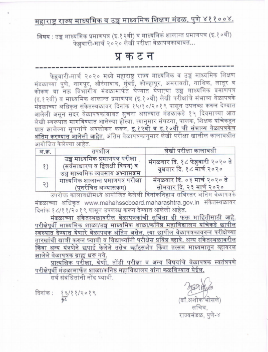MSBSHSE HSC SSC Board Dates Notification 2020