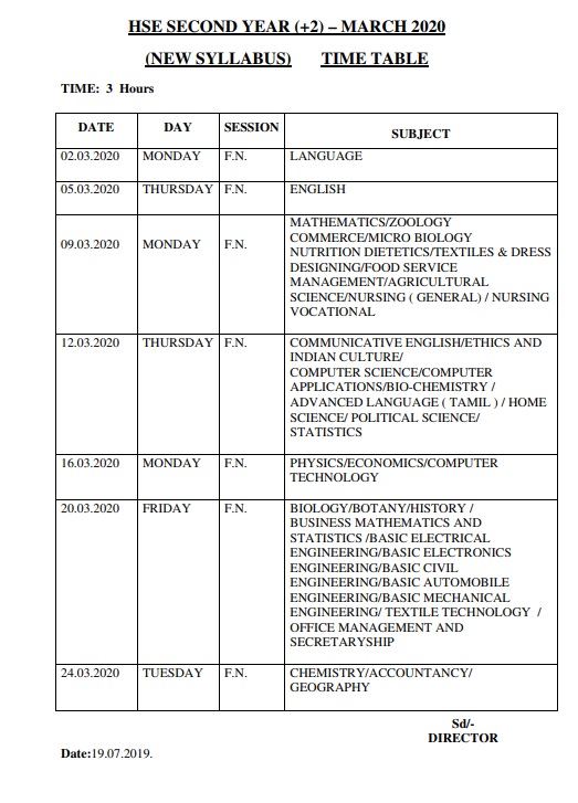 Tamil Nadu HSE Time Table 2020