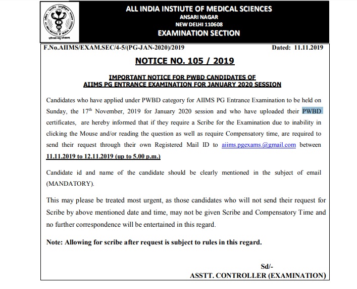 AIIMS PWBD Exam Dates