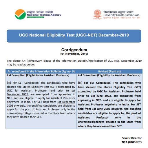 UGC NET 2019 Revised Eligibility for Assistant professor