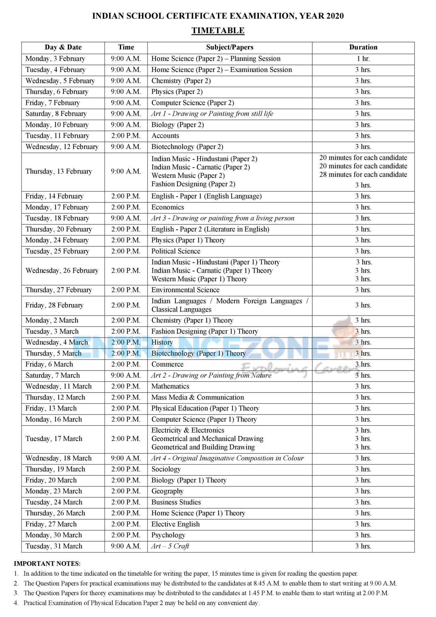 Isc 12th Date Sheet 2020 Cisce Board Time Table Cisce Org