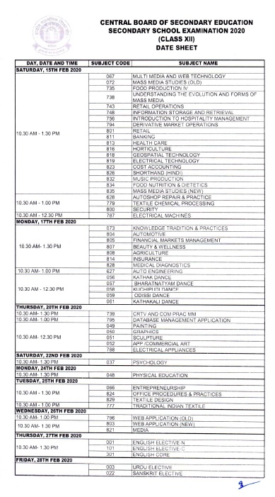 CBSE Class 12th Datesheet 2020