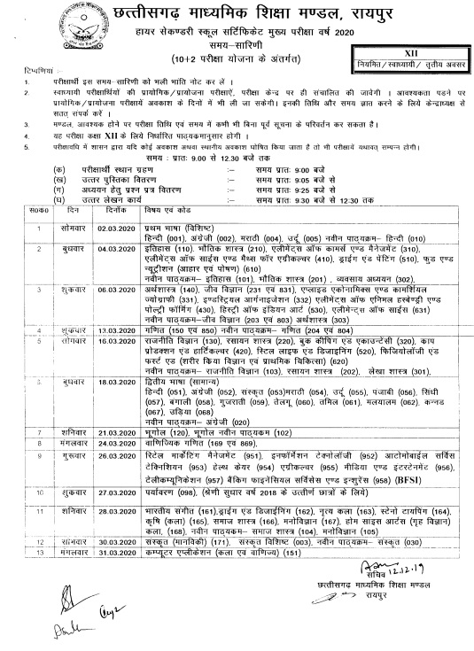 CGBSE Class 12th Datesheet 2020