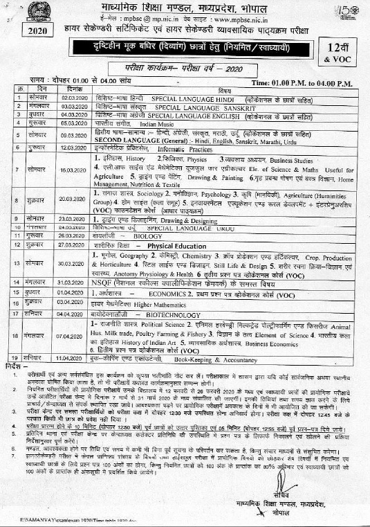 Mp Board Class 12th Time Table 2020 Madhya Pradesh Intermediate