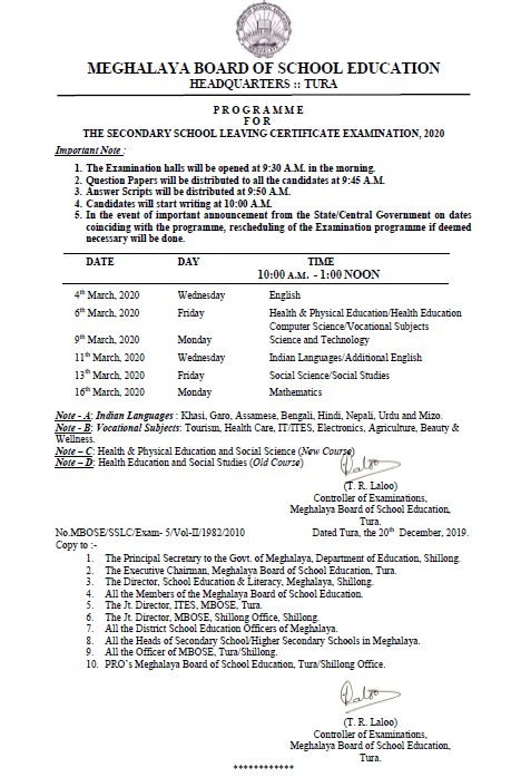 Meghalaya Board Class 10th 2020 Time Table