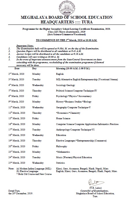 Meghalaya Board HSSLC Time Table