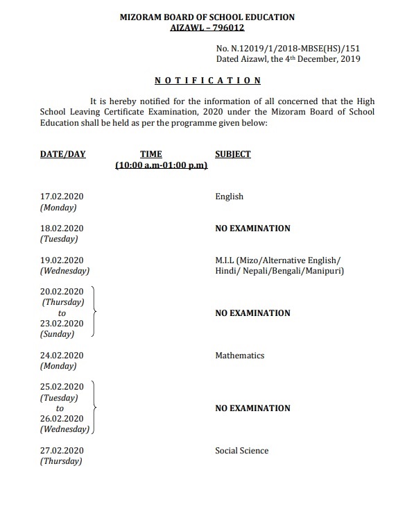 Mizoram Board Class 10th Datesheet 2020
