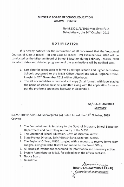 Mizoram Board Vocational 2020 Notification