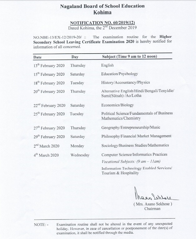 Nagaland Board HSSLC Time Table 2020
