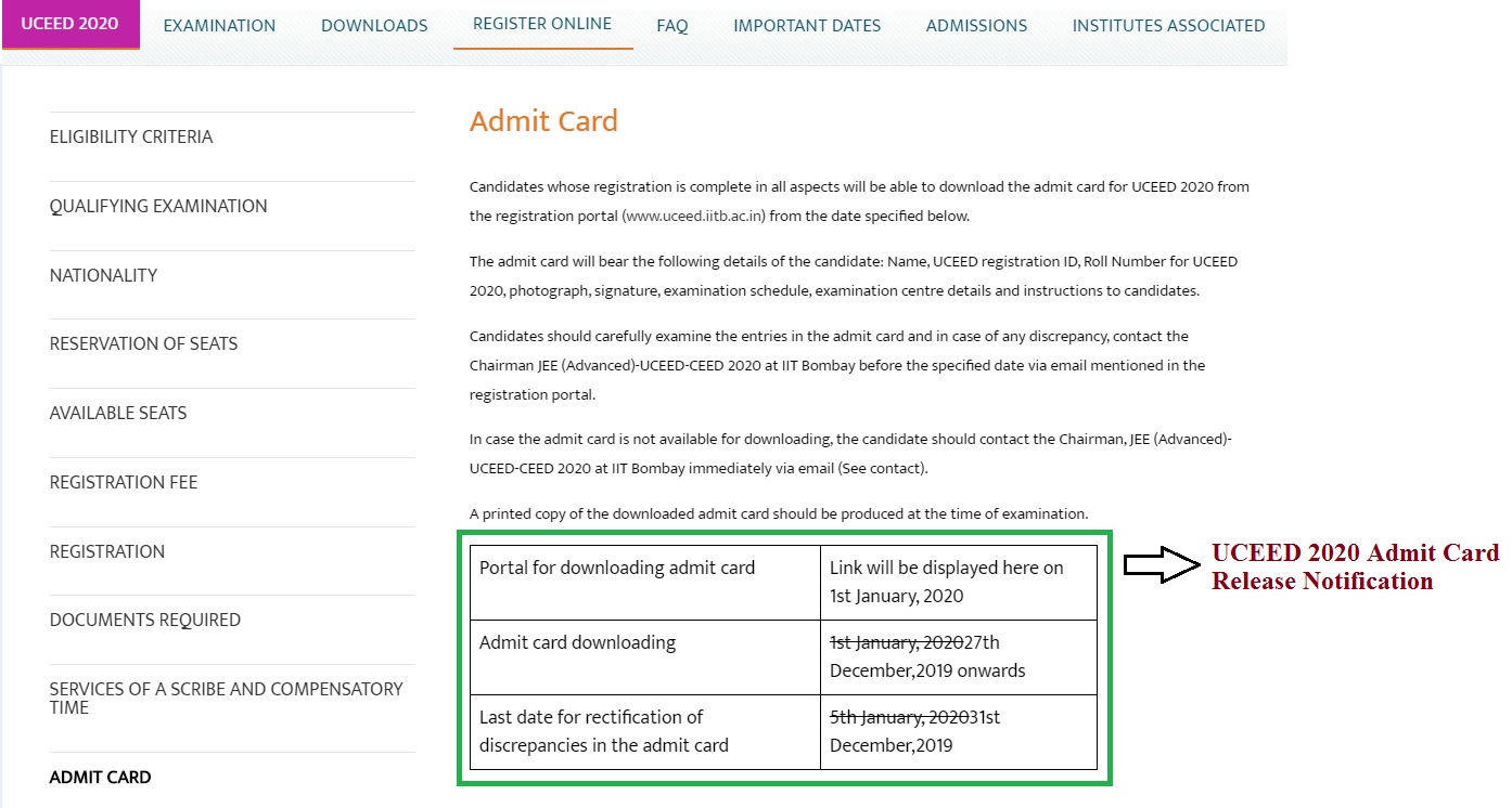 UCCED 2020 Admit Card
