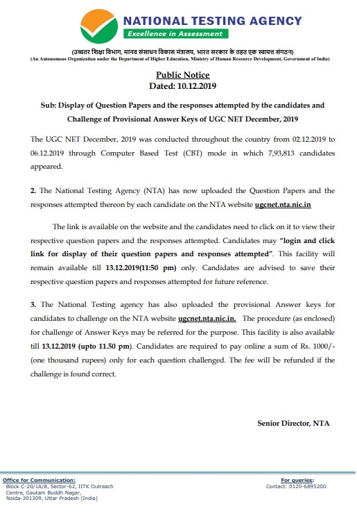 UGC NET 2019 Answer Key Notification