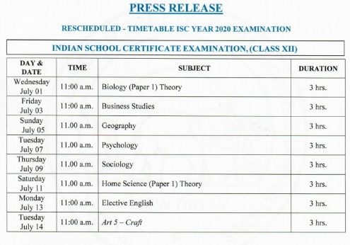 ICSE 12th time table 2020 ICSE 12th time table 2020