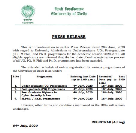 Delhi University Extended Admission Dates